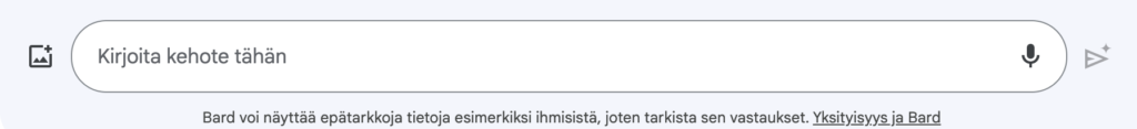 Google bardin prompt input ja kuvan liitäämisen painike.